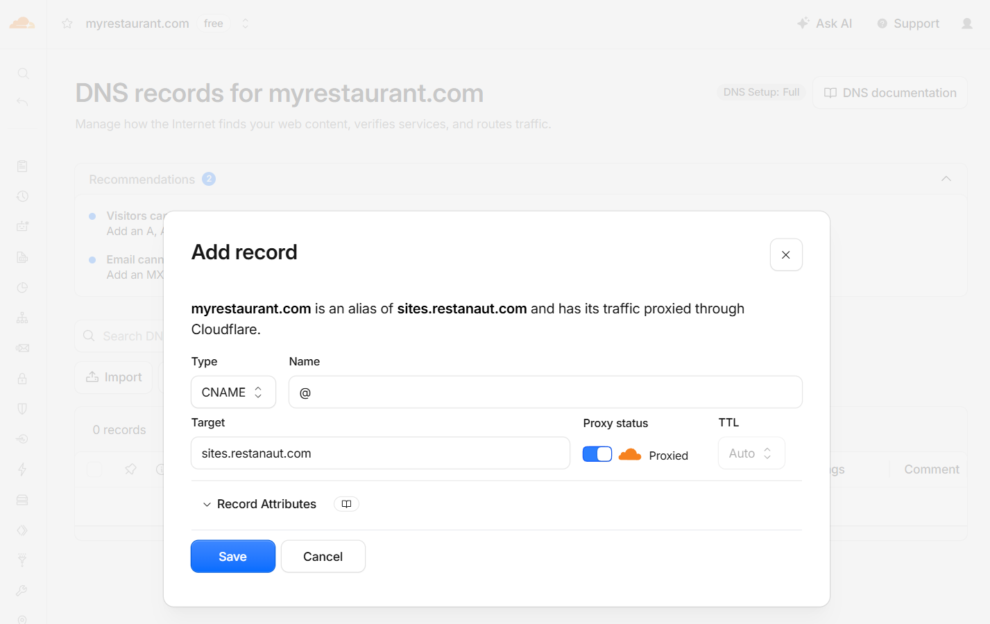 Example DNS record at a domain registrar