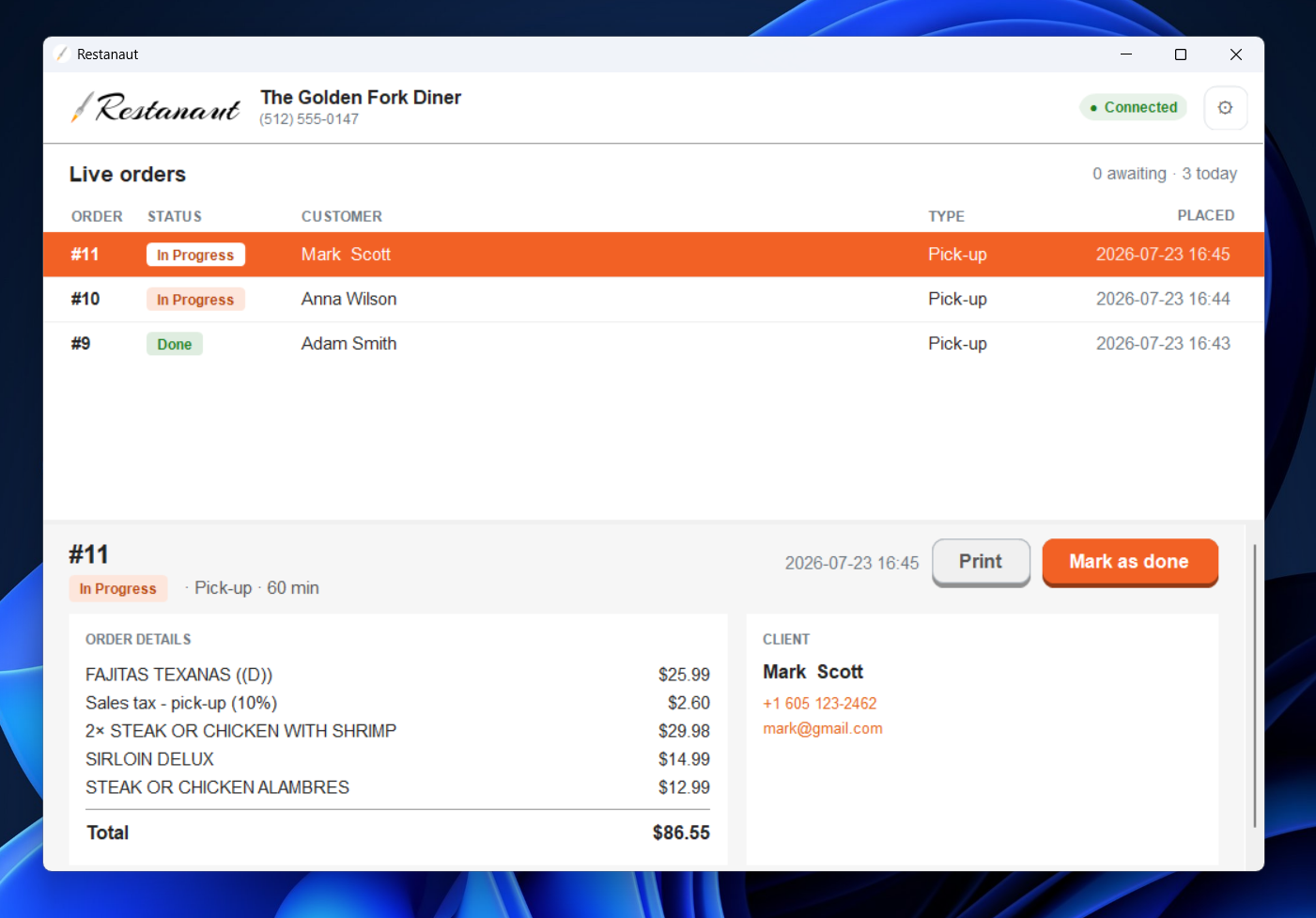 The desktop app showing live orders as they come in