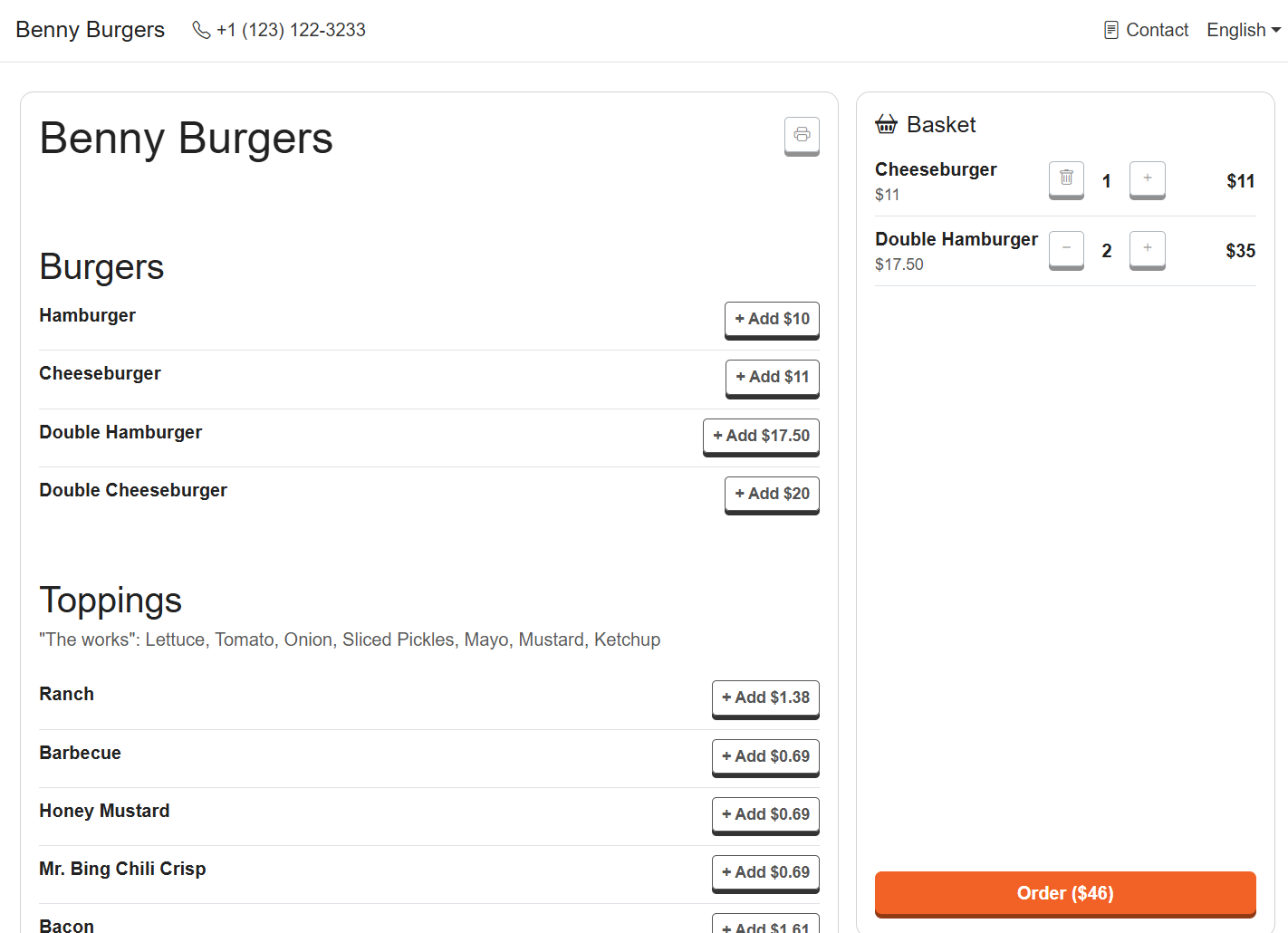 Restaurant ordering page with menu and basket