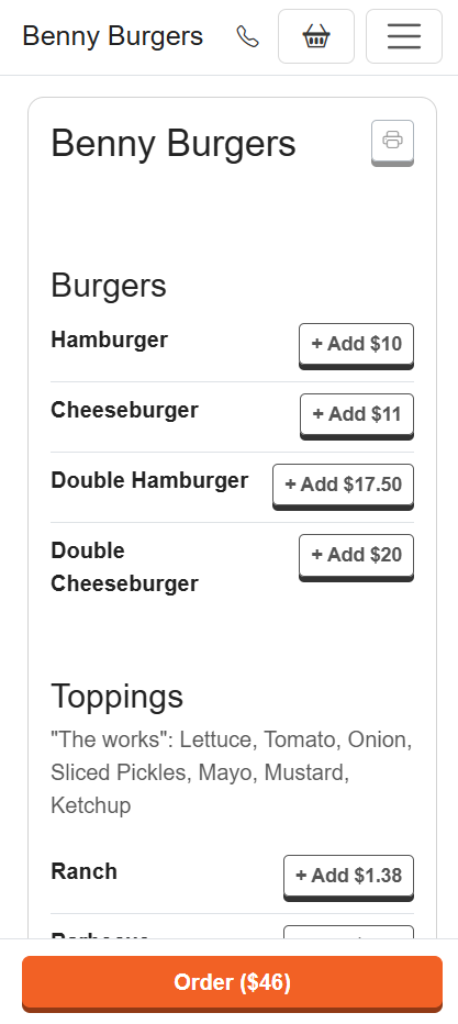 Restaurant ordering page on a phone